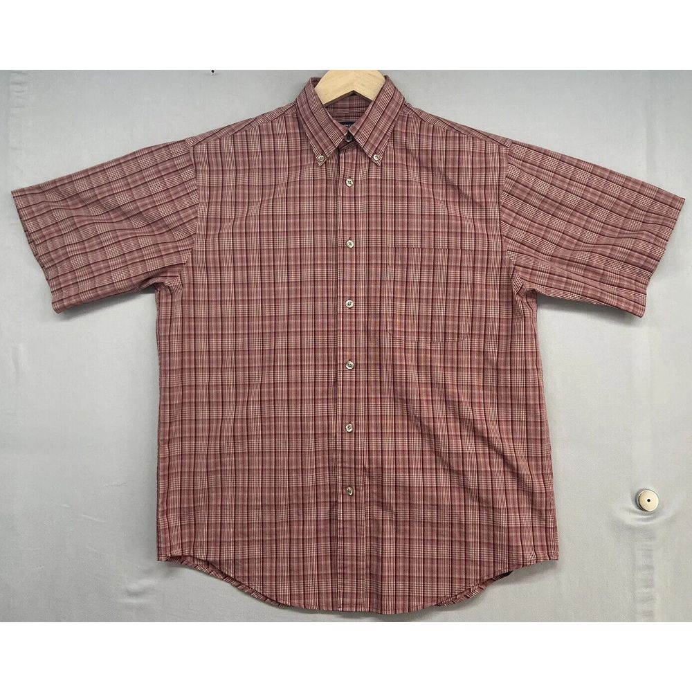 Roundtree & Yorke Button Shirt MEDIUM Maroon Tan Plaid short Sleeve Casual Dress
